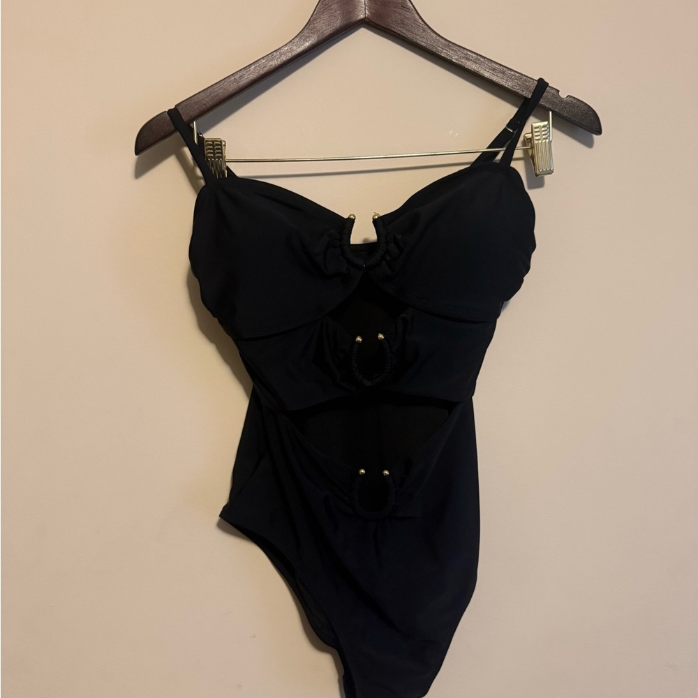 Black One-Piece Cutout Swimsuit with Gold Ring Accents